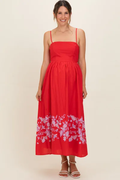 PinkBlush Red Floral Print Maternity Midi Dress