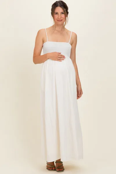 PinkBlush Off White Pom Pom Strap Smocked Maternity Maxi Dress