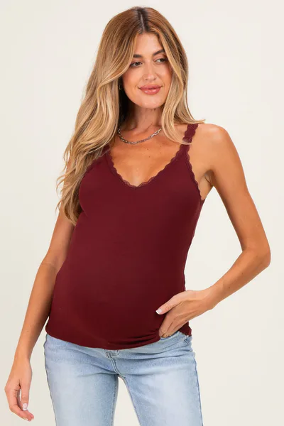 PinkBlush Burgundy Lace Trim Detail Ribbed Maternity Knit Tank Top