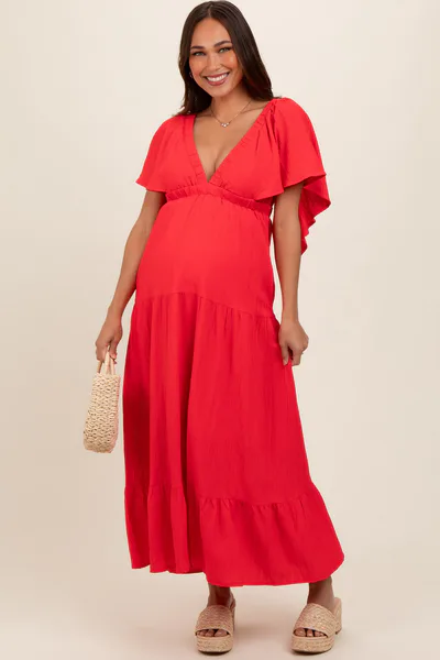 PinkBlush Coral Deep V-Neck Flutter Sleeve Tiered Maternity Midi Dress
