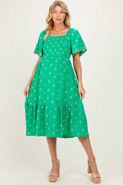 PinkBlush Kelly Green Smocked Embroidered Maternity Midi Dress