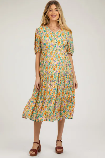 PinkBlush Beige Floral Button Front Ruffle Hem Maternity Midi Dress