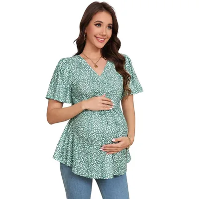 Target BLUEMING Womens Maternity Drawstring Front V Neck T Shirts Short Sleeve Tops Pleated Casual Shirt