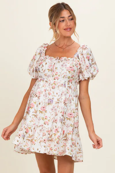 PinkBlush Ivory Floral Puff Sleeve Maternity Mini Dress
