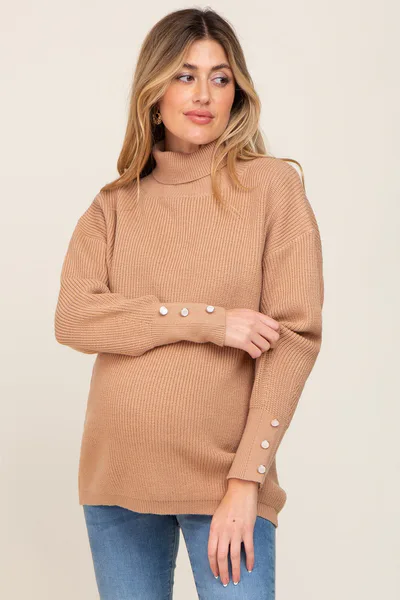 PinkBlush Camel Button Accent Turtleneck Maternity Sweater