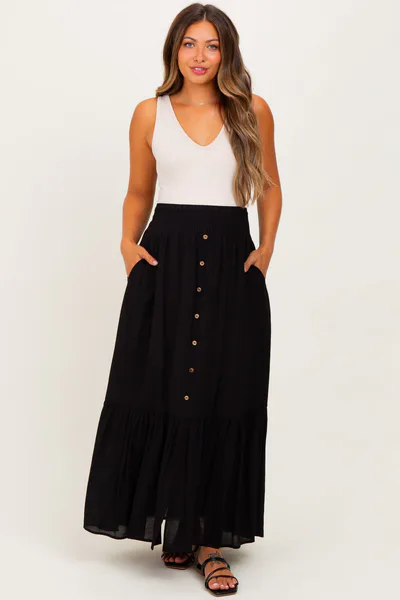 PinkBlush Black Smocked Waist Button Accent Maternity Maxi Skirt