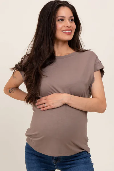 PinkBlush Taupe Crew Neck Maternity Muscle Tee