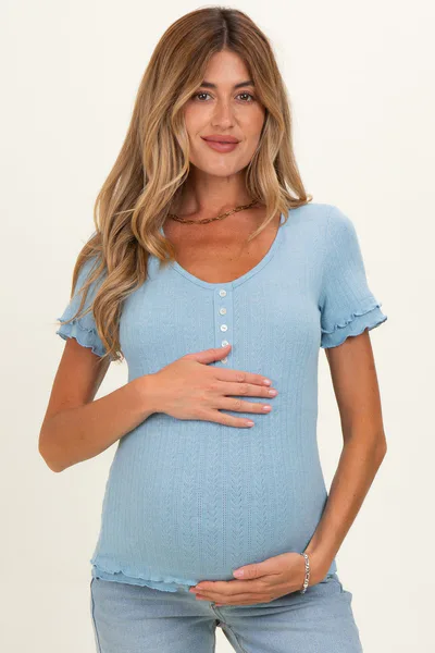 PinkBlush Light Blue Ruffle Trim Pointelle Knit Maternity Henley Top