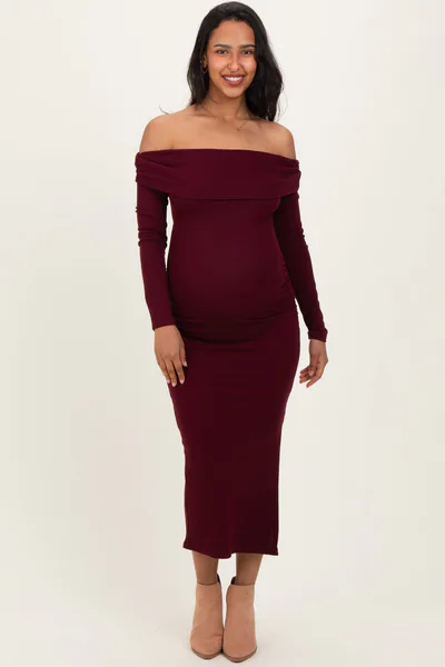 PinkBlush Wine Off Shoulder Ruched Side Slit Maternity Midi Dress