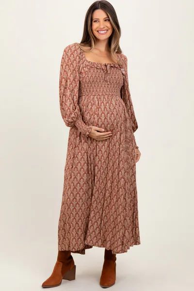 PinkBlush Mocha Damask Print Smocked Ruffle Accent Maternity Maxi Dress