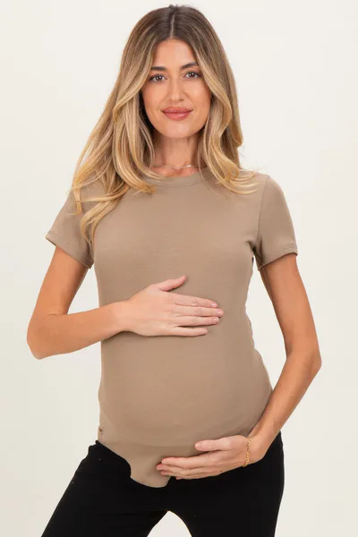 PinkBlush Mocha Ribbed Short Sleeve Curved Hem Maternity Top