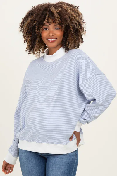 PinkBlush Light Blue Striped Mock Neck Maternity Sweatshirt