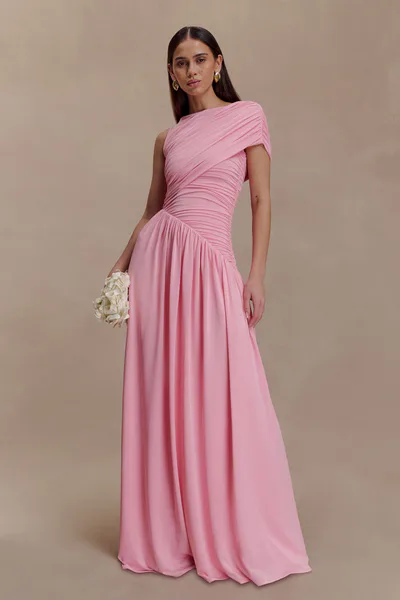 MESHKI Ayeshya Slinky Asymmetric Maxi Dress - Candy Pink