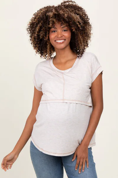 PinkBlush Beige Double Layer Short Sleeve Maternity Nursing Top