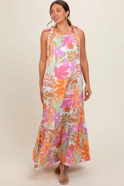 PinkBlush Pink Floral Shoulder Tie Empire Maternity Maxi Dress