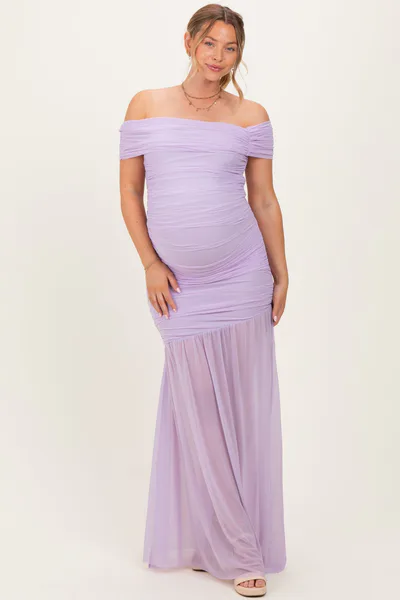 PinkBlush Lavender Ruched Mesh Off Shoulder Maternity Maxi Dress