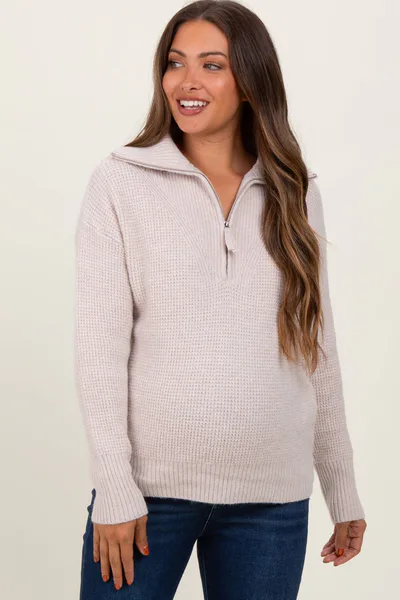 PinkBlush Beige Half Zip Maternity Pullover Sweater