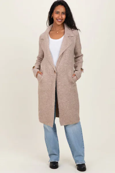 PinkBlush Beige Knit Long Maternity Sweater Coat