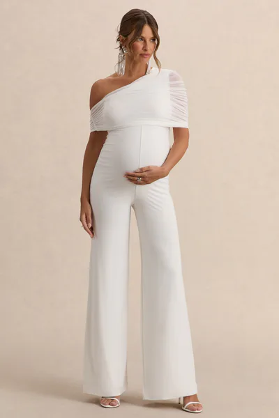 Club L London Mariska | White Asymmetric-Neck Maternity Jumpsuit