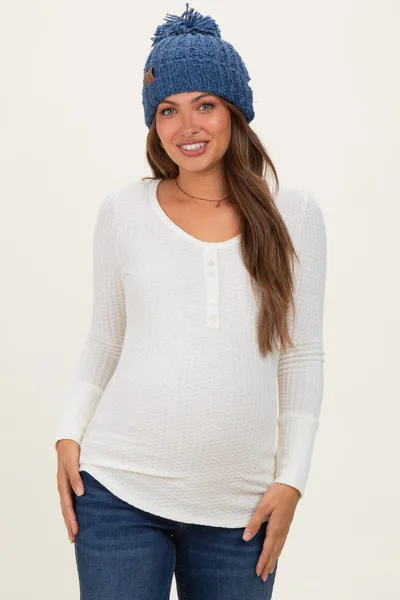 PinkBlush Cream Waffle Rib Knit Maternity Henley Top