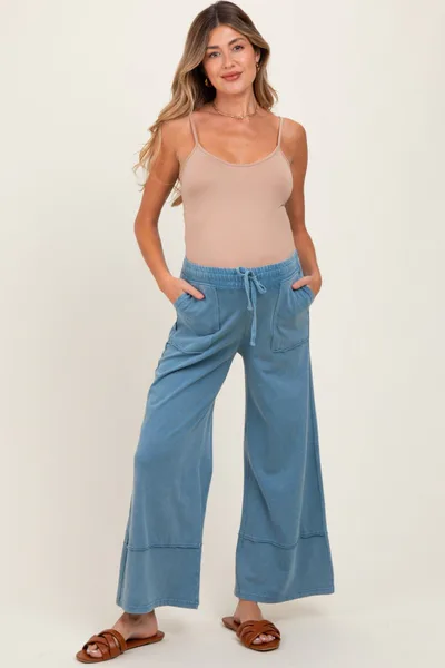 PinkBlush Blue Mineral Wash Wide Leg Ankle Maternity Pants