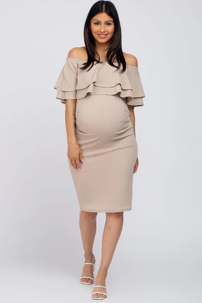 PinkBlush Beige Ruffle Off Shoulder Ruched Maternity Dress
