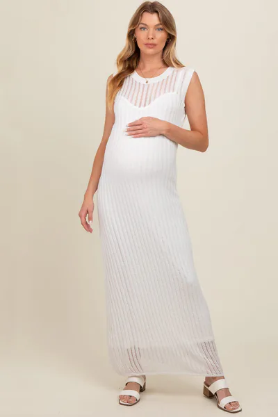 PinkBlush White Sheer Knit Layered Maternity Maxi Dress