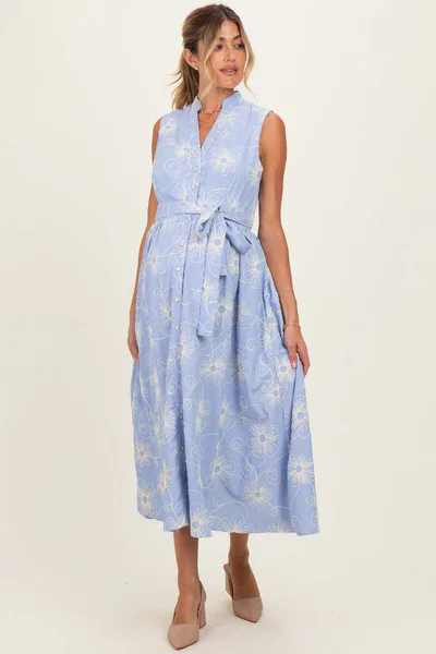 PinkBlush Light Blue Embroidered Sleeveless Maternity Midi Shirt Dress