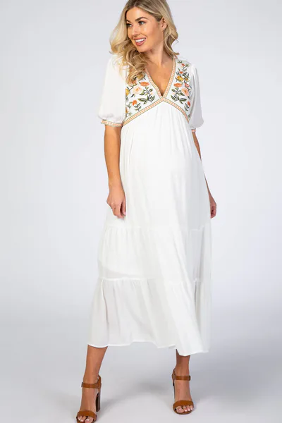 PinkBlush Ivory Floral Embroidered Maternity Midi Dress