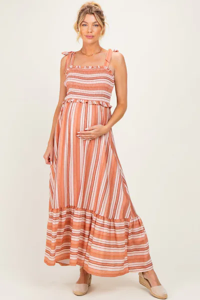PinkBlush Rose Striped Smocked Shoulder Tie Maternity Midi Dress