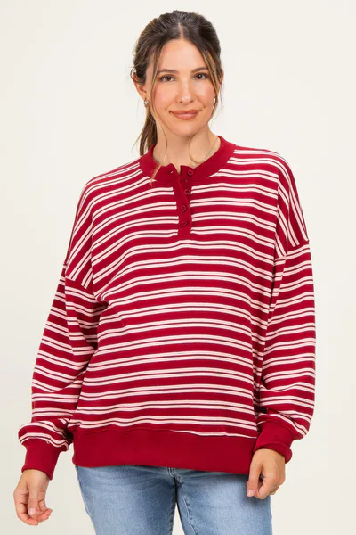 PinkBlush Maroon Striped Oversized Maternity Button Sweatshirt