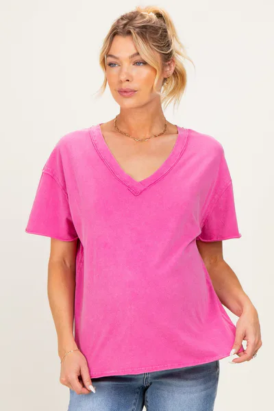PinkBlush Fuchsia Washed V-Neck Oversized Maternity Tee