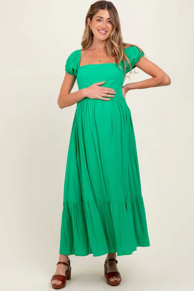 PinkBlush Green Ruffle Detail Square Neck Maternity Maxi Dress