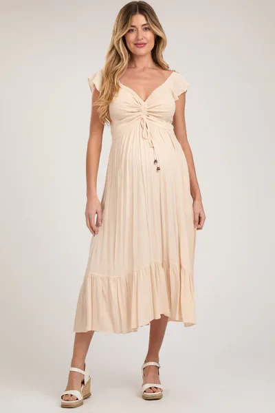 PinkBlush Beige Smocked Ruched Ruffle Hem Maternity Maxi Dress