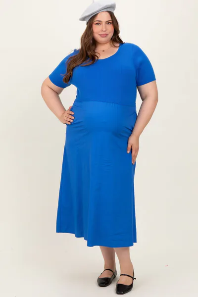 PinkBlush Blue Round Neck Ribbed Top Plus Maternity Midi Dress