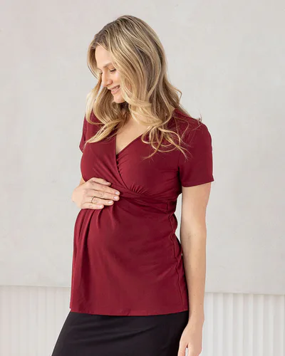 Angel Maternity Bree Crossover Black Maternity Work Top in Burgundy