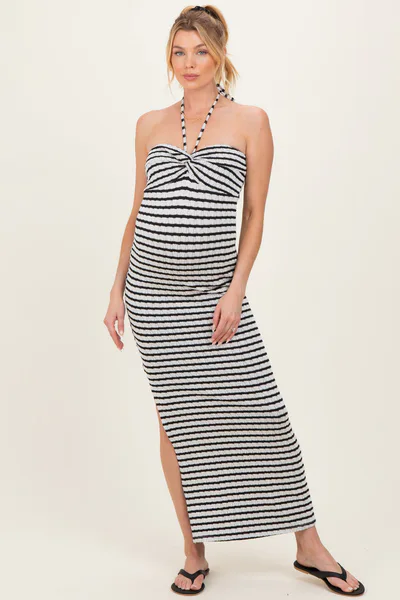 PinkBlush Black Halter Neck Twist Bust Maternity Midi Dress