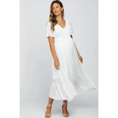 Target Pinkblush Ivory Smocked V-Neck Maternity Midi Dress Small