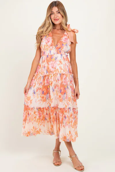PinkBlush Peach Floral Plisse Shoulder Tie Maternity Dress