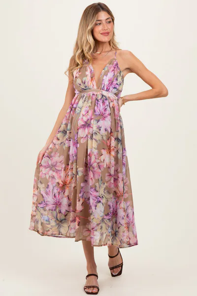 PinkBlush Tan Floral Open Back Maternity Midi Dress