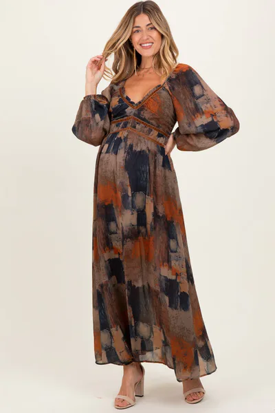 PinkBlush Multicolor Abstract Print Velvet Trim Maternity Maxi Dress
