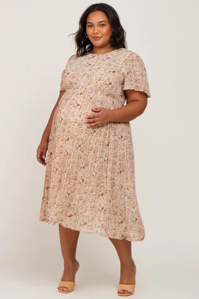 PinkBlush Beige Floral Pleated Chiffon Maternity Plus Midi Dress