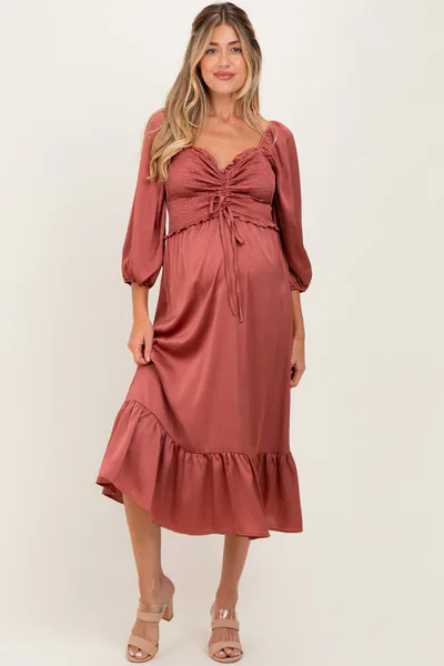 PinkBlush Mauve Satin Smocked Cinched Bust Maternity Midi Dress