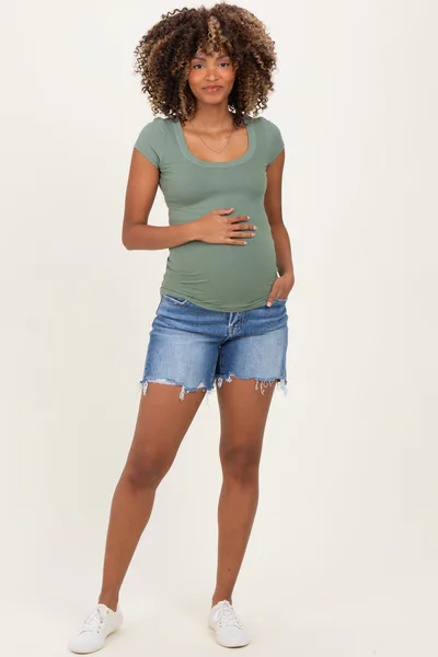 PinkBlush Blue Distressed Frayed Hem Maternity Denim Shorts