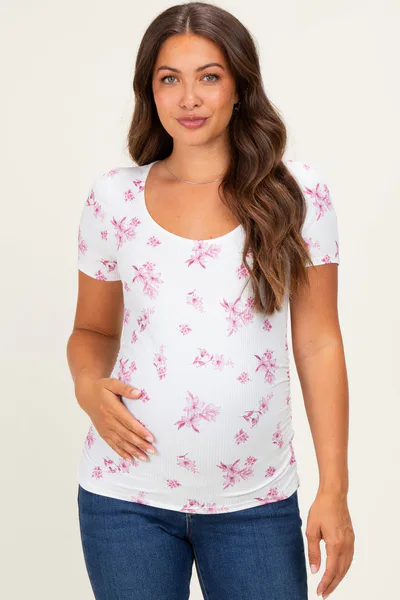 PinkBlush Pink Floral Ruching Short Sleeve Maternity Top