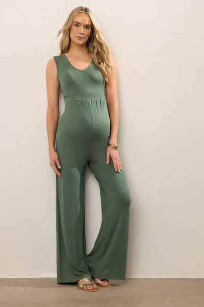 Yours Clothing LTS Tall Maternity Khaki Green Shirred Wide Leg Jumpsuit