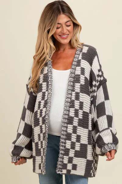 PinkBlush Charcoal Mixed Check Pattern Chunky Maternity Cardigan