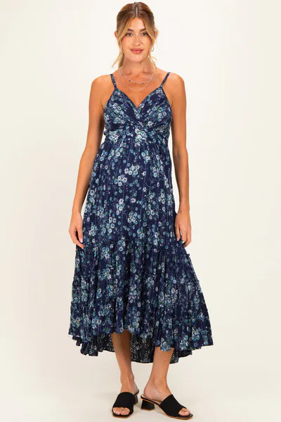 PinkBlush Navy Floral Eyelet Lace Ruffle Hem Maternity Midi Dress