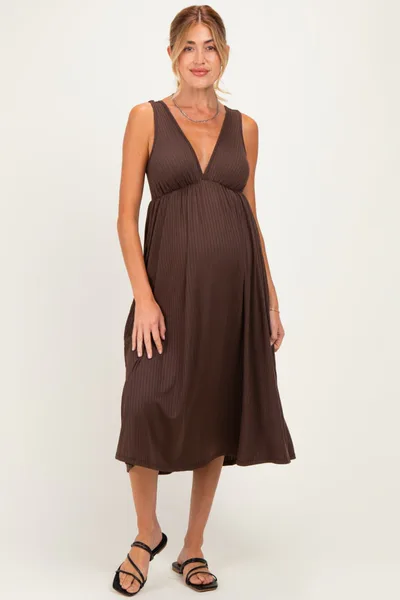 PinkBlush Brown Sleeveless Ribbed Knit A-Line Maternity Midi Dress