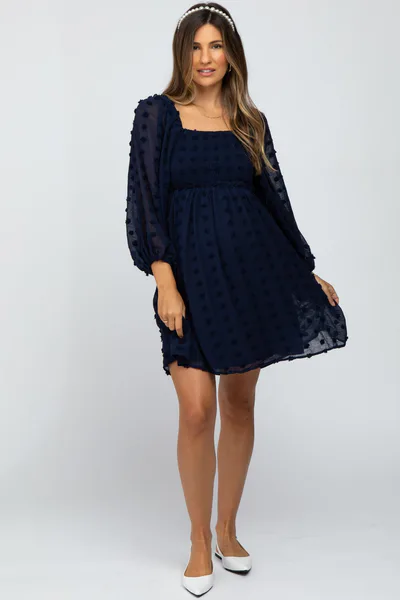 PinkBlush Navy Textured Dot Smocked Square Neck Chiffon Maternity Dress